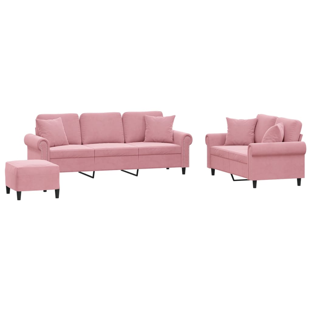 sofasæt 3 dele med puder velour lyserød