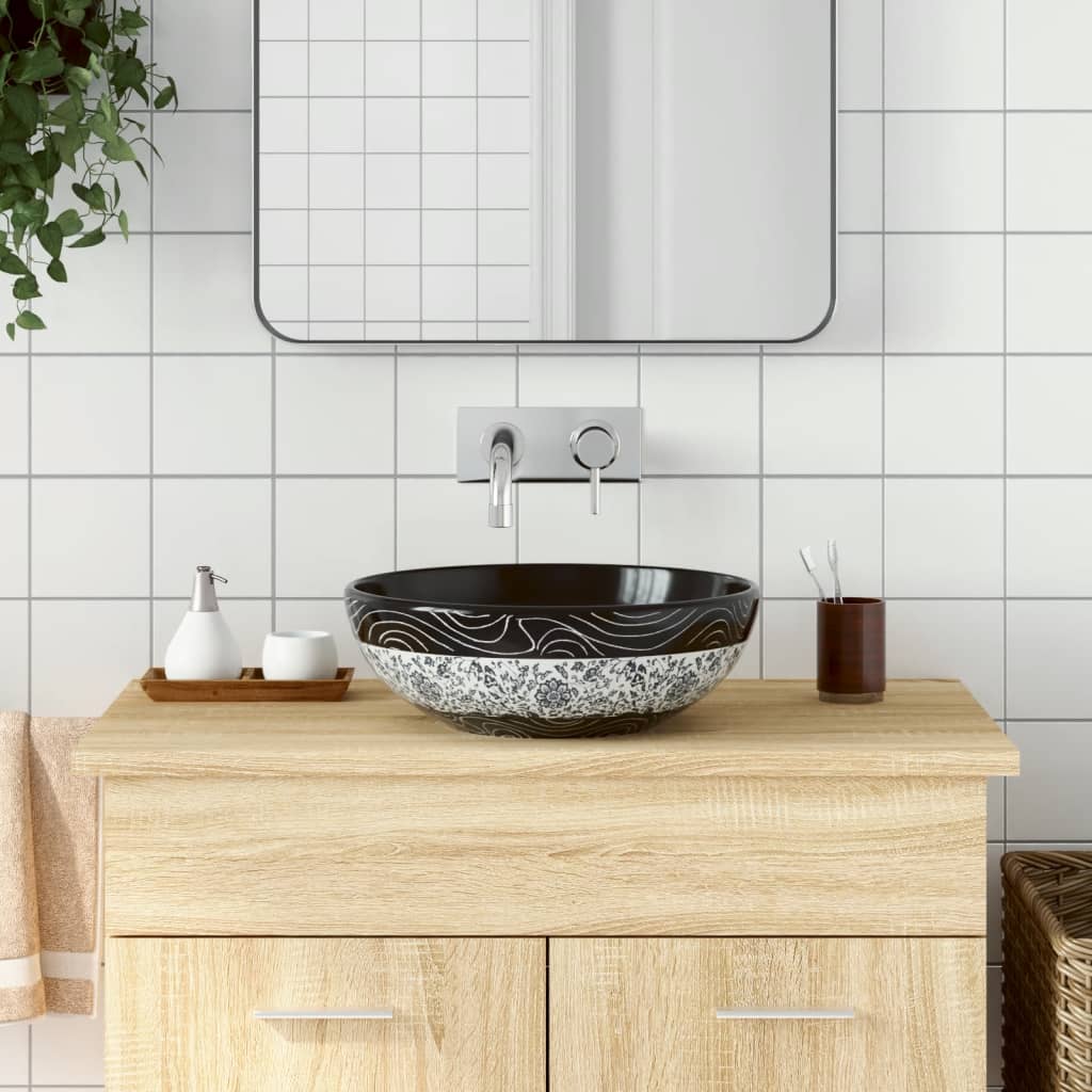 håndvask til bordplade Φ41x14 cm rund keramik sort og blå