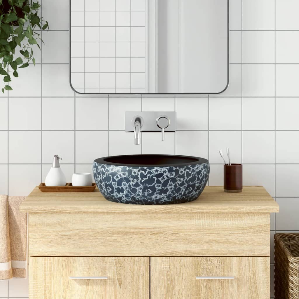 håndvask til bordplade Φ41x14 cm rund keramik sort og blå