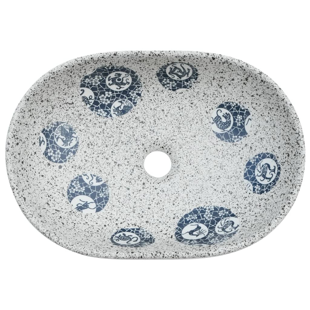 håndvask til bordplade 47x33x13 cm oval keramik grå og blå