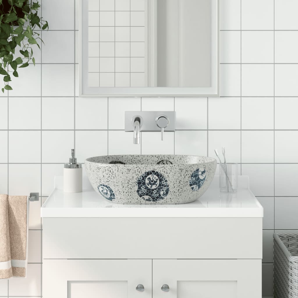 håndvask til bordplade 47x33x13 cm oval keramik grå og blå