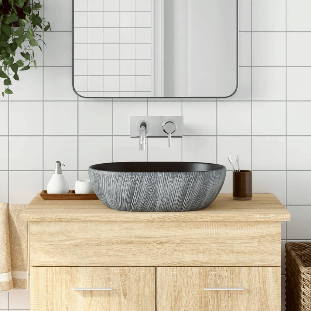håndvask til bordplade 47x33x13 cm oval keramik sort og grå