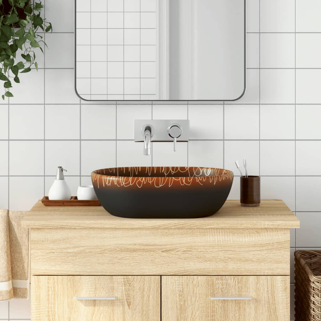 håndvask til bordplade 47x33x13 cm oval keramik sort og orange