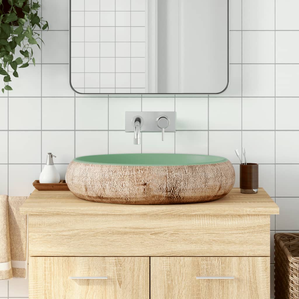 håndvask til bordplade 59x40x15 cm oval keramik grøn og brun