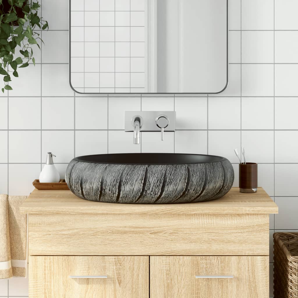 håndvask til bordplade 59x40x15 cm oval keramik sort og grå