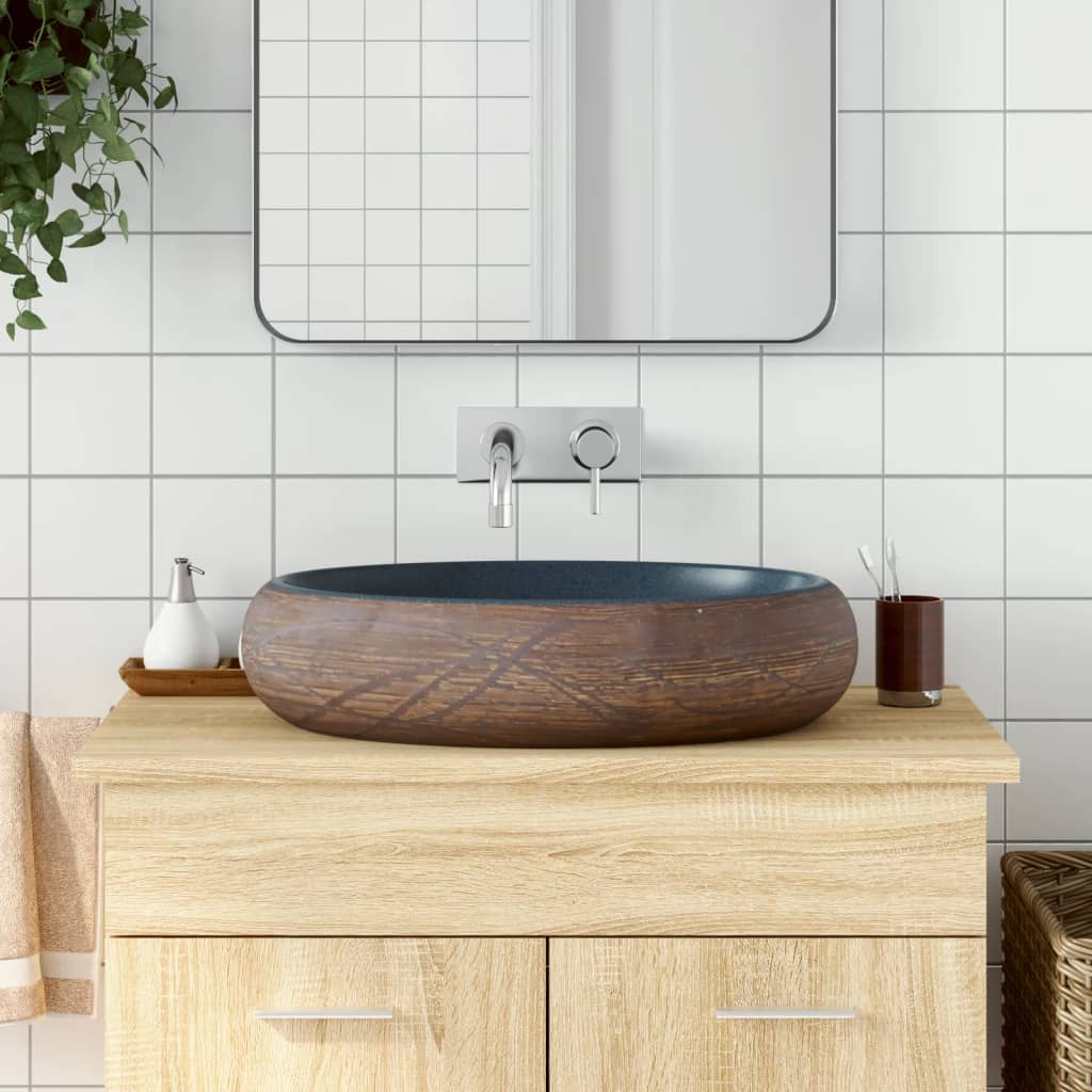 håndvask til bordplade 59x40x15 cm oval keramik brun og blå