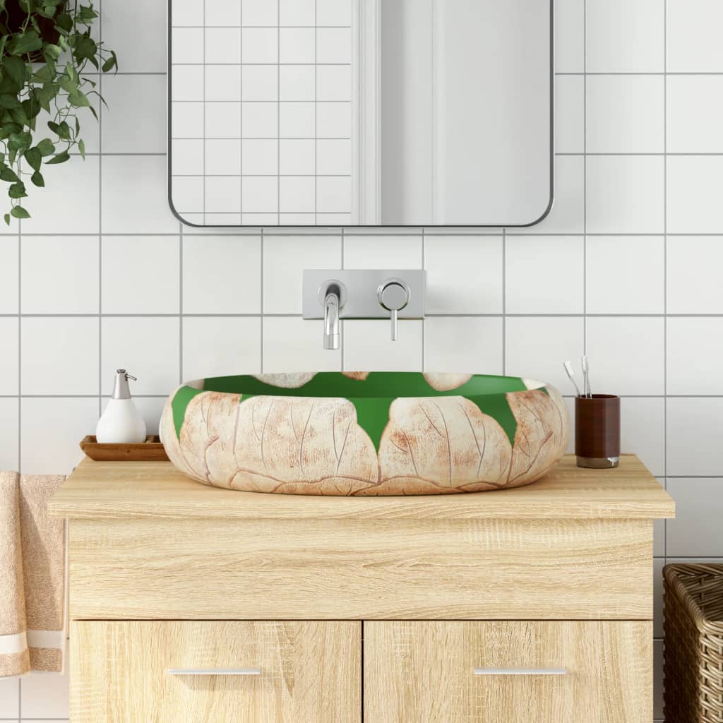 håndvask til bordplade 59x40x15 cm oval keramik grøn og brun