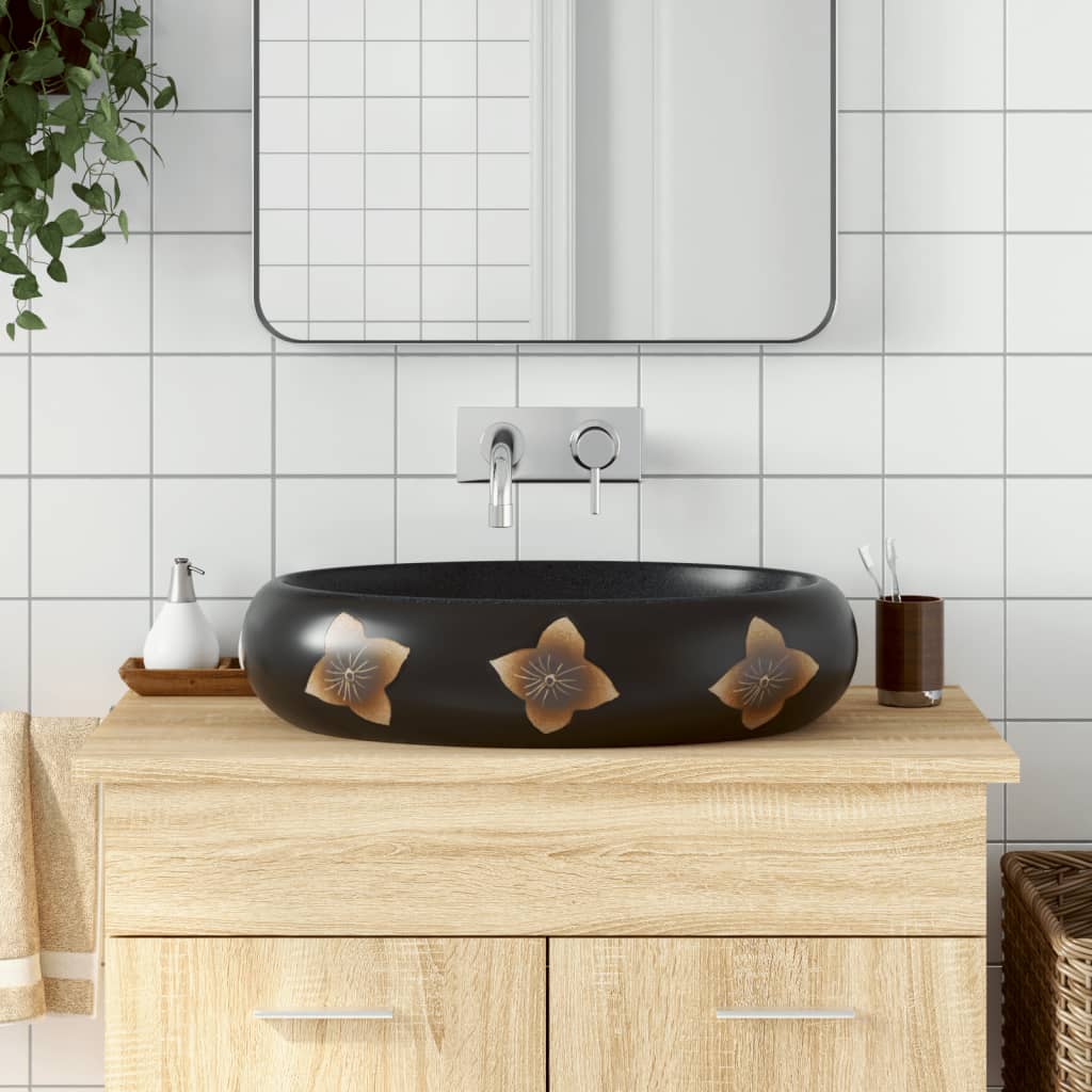 håndvask til bordplade 59x40x15 cm oval keramik sort og blå