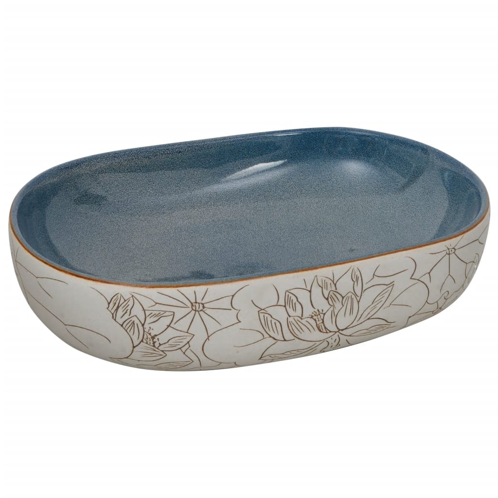håndvask til bordplade 59x40x14 cm oval keramik sand og blå