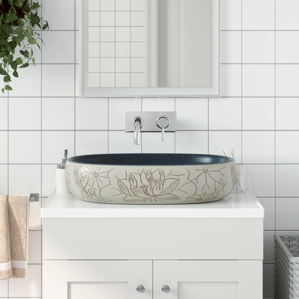 håndvask til bordplade 59x40x14 cm oval keramik sand og blå