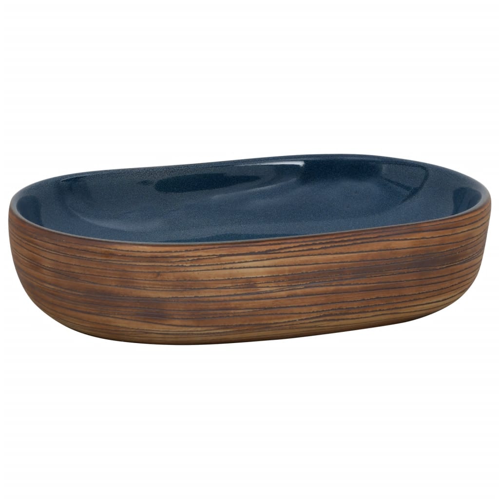 håndvask til bordplade 59x40x14 cm oval keramik brun og blå