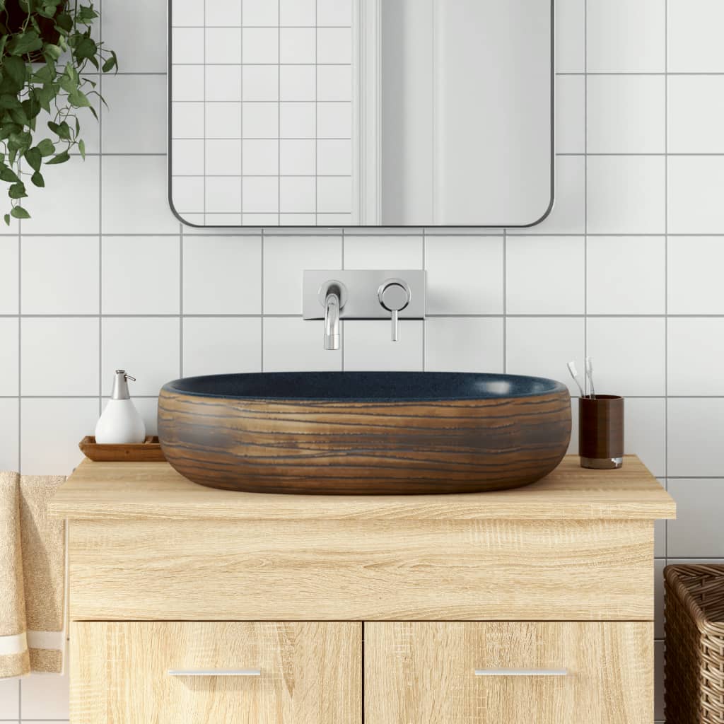håndvask til bordplade 59x40x14 cm oval keramik brun og blå