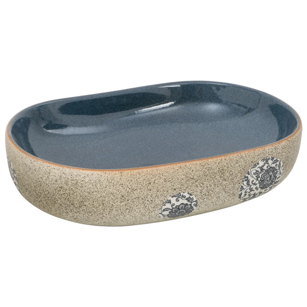 håndvask til bordplade 59x40x14 cm oval keramik sand og blå