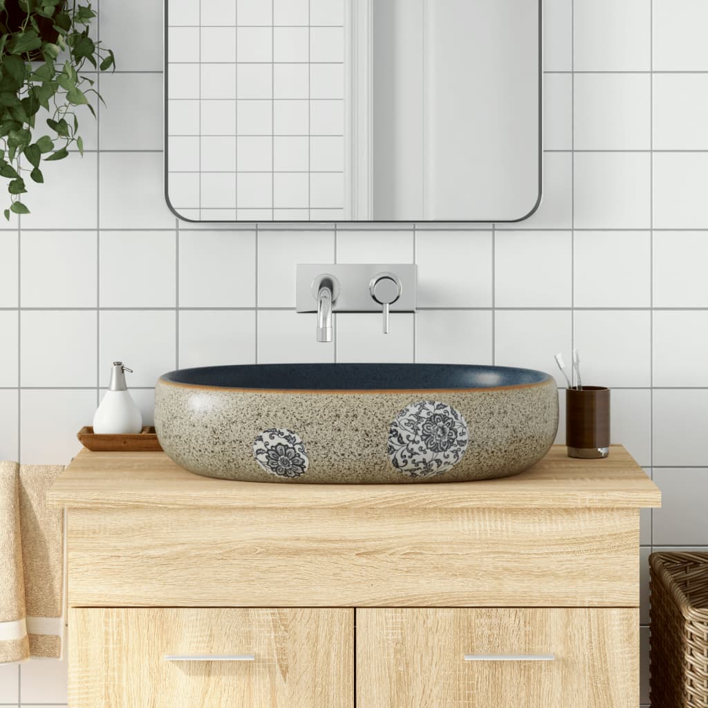 håndvask til bordplade 59x40x14 cm oval keramik sand og blå