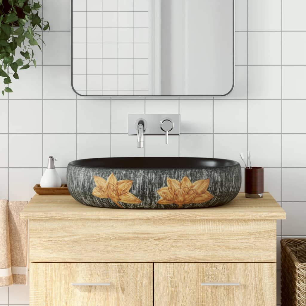 håndvask til bordplade 59x40x15 cm oval keramik grå og sort