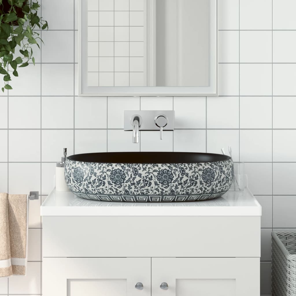 håndvask til bordplade 59x40x14 cm oval keramik sort og blå