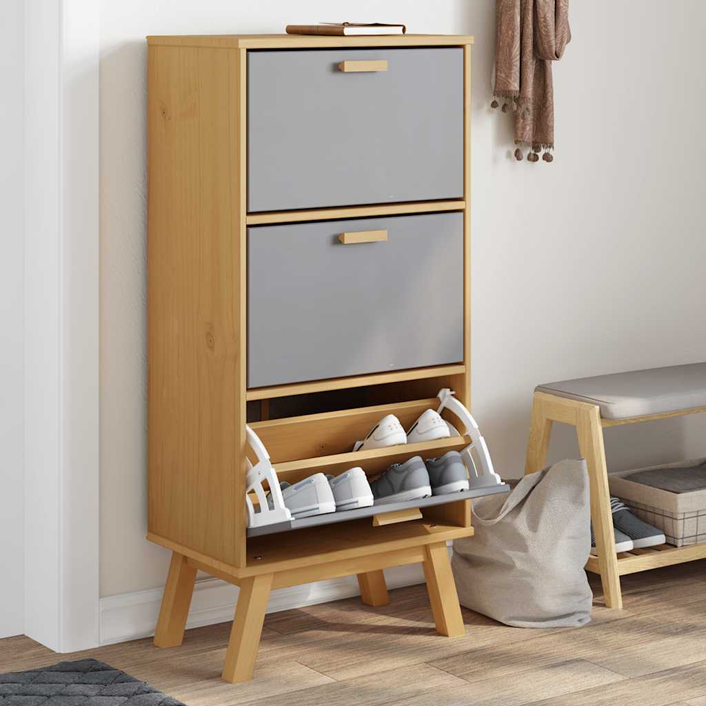 skoskab OLDEN 55x35x120 cm massivt fyrretræ grå og brun