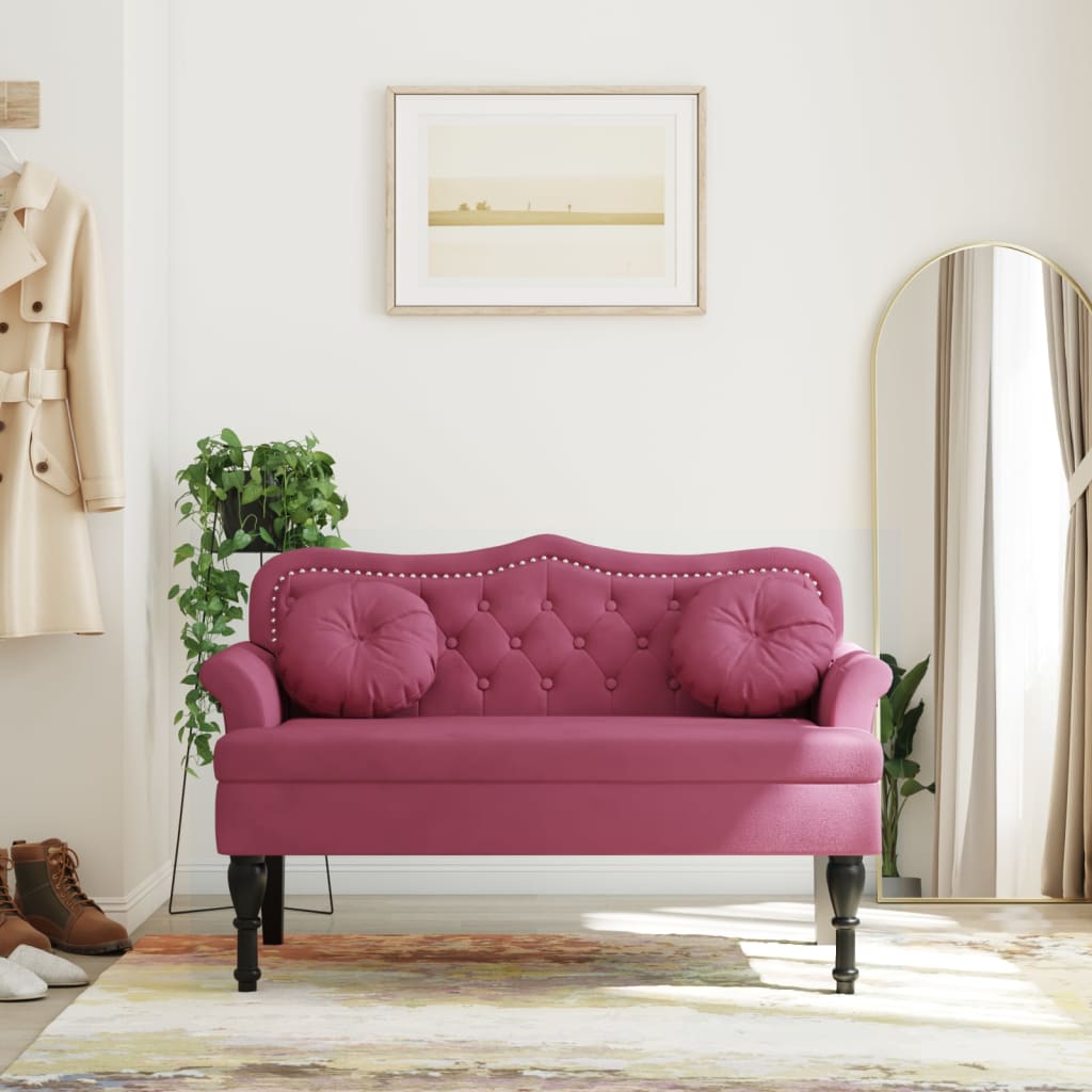 bænk med hynder 120,5x65x75 cm velour vinrød