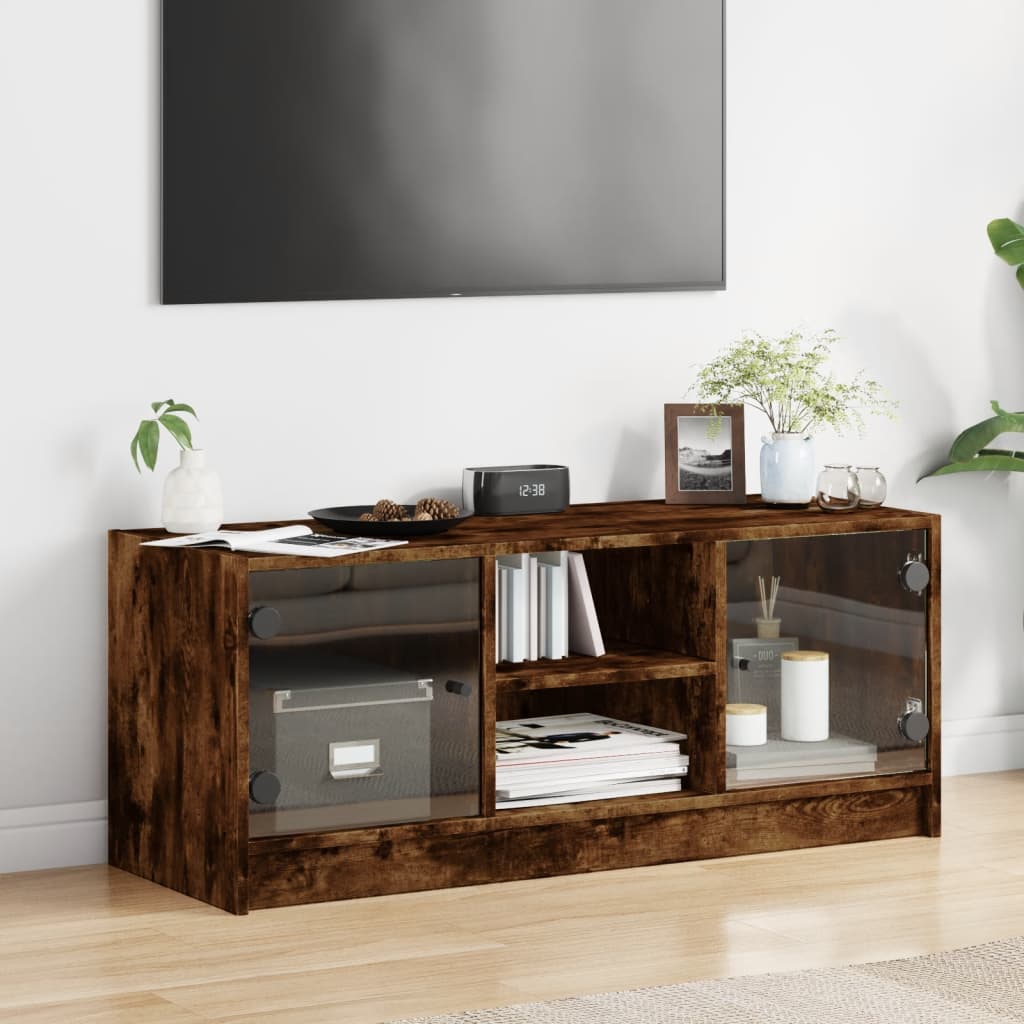 skab med glaslåger 102x37x42 cm røget egetræsfarve