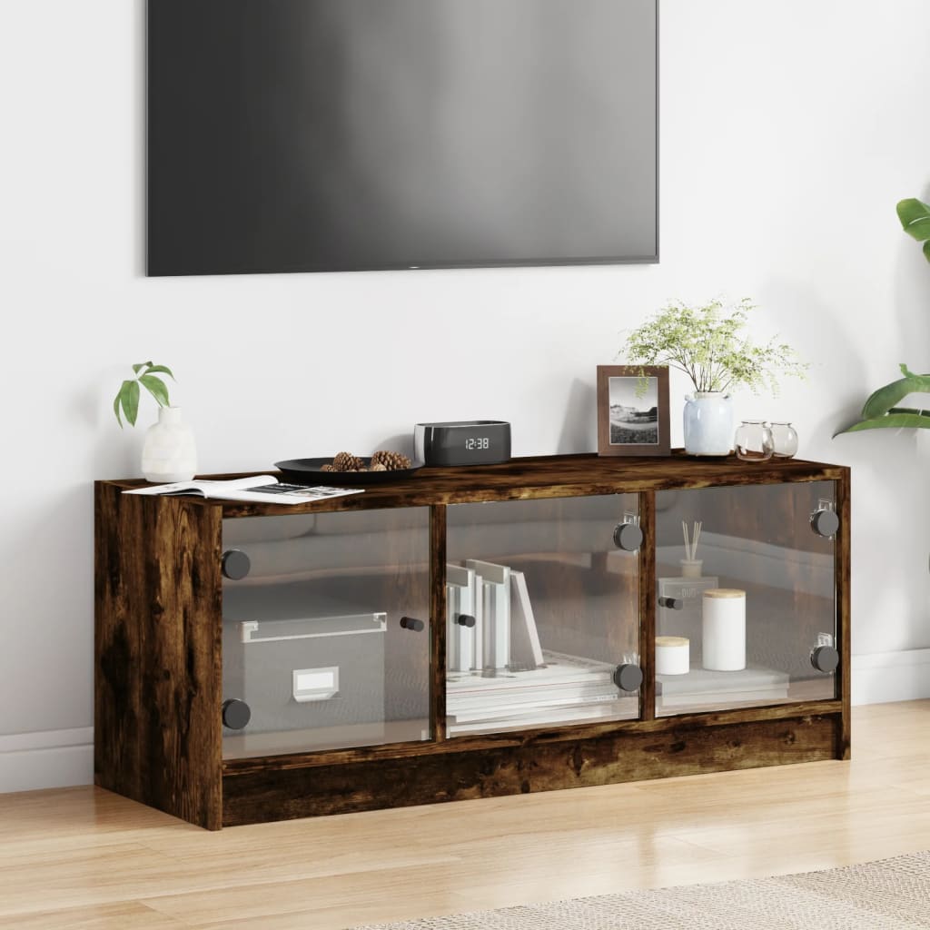 skab med glaslåger 102x37x42 cm røget egetræsfarve
