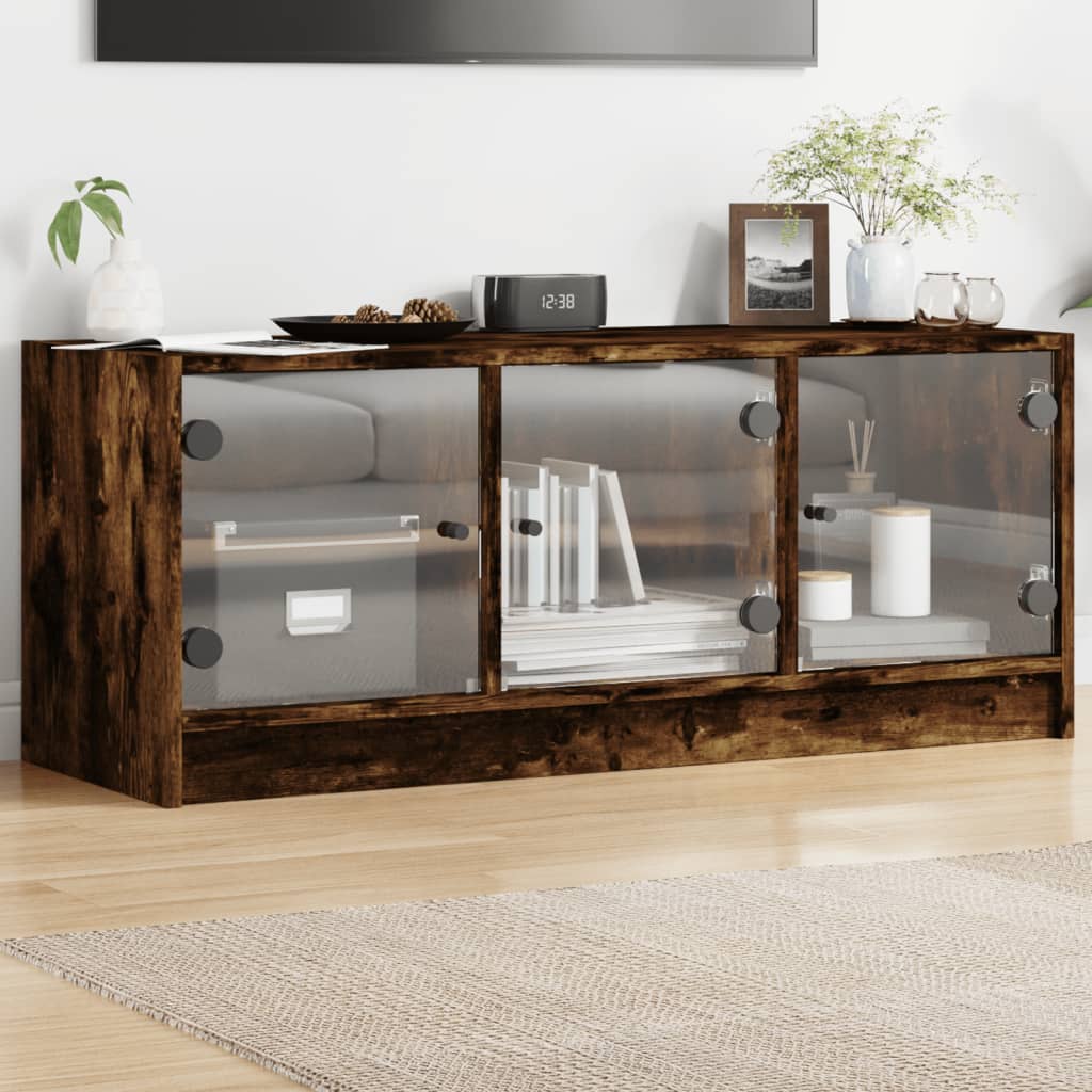 skab med glaslåger 102x37x42 cm røget egetræsfarve