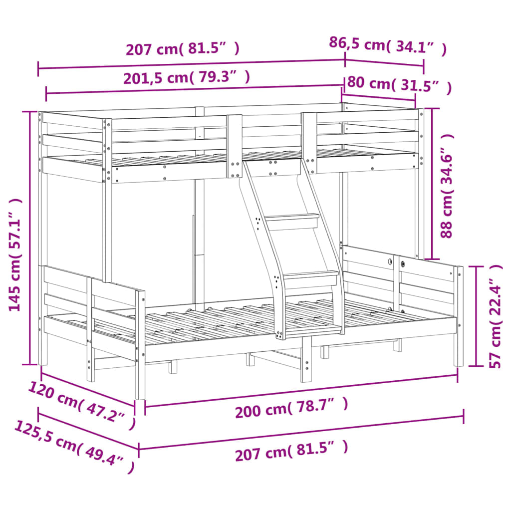 køjeseng 80x200/120x200 cm massivt fyrretræ