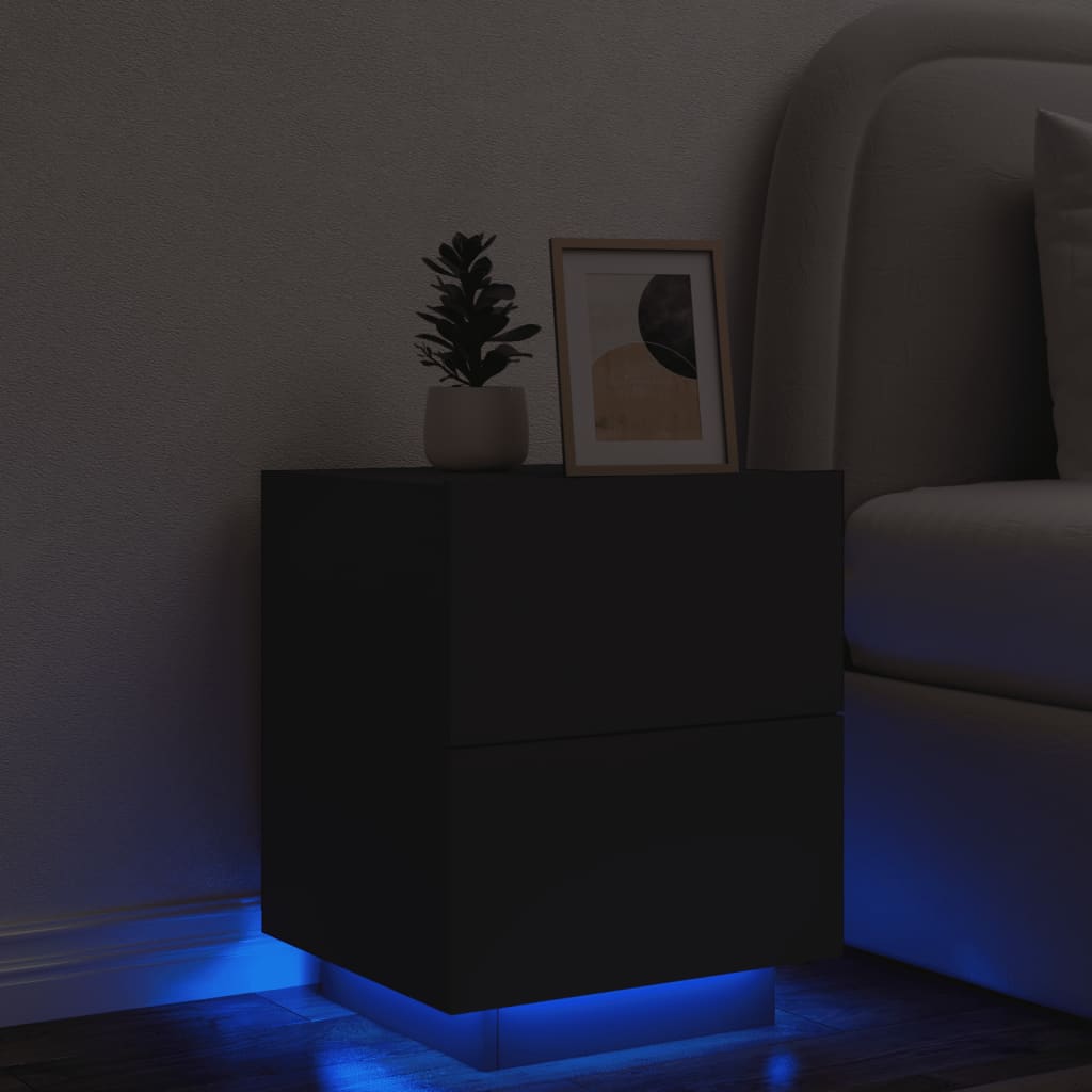 sengebord med LED-lys konstrueret træ sort