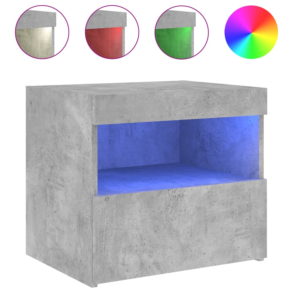 sengebord med LED-lys 50x40x45 cm betongrå