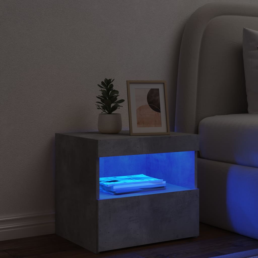 sengebord med LED-lys 50x40x45 cm betongrå