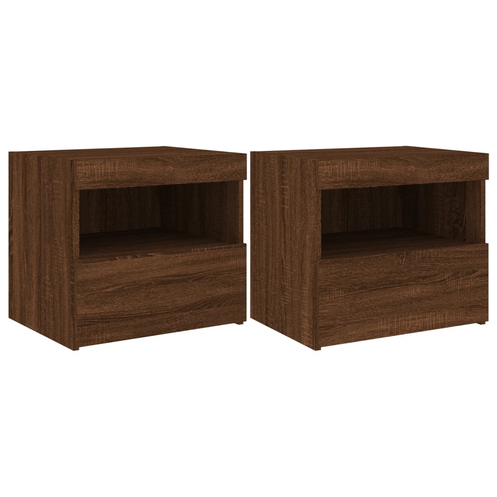 sengeborde 2 stk. med LED-lys 50x40x45 cm brun egetræsfarve