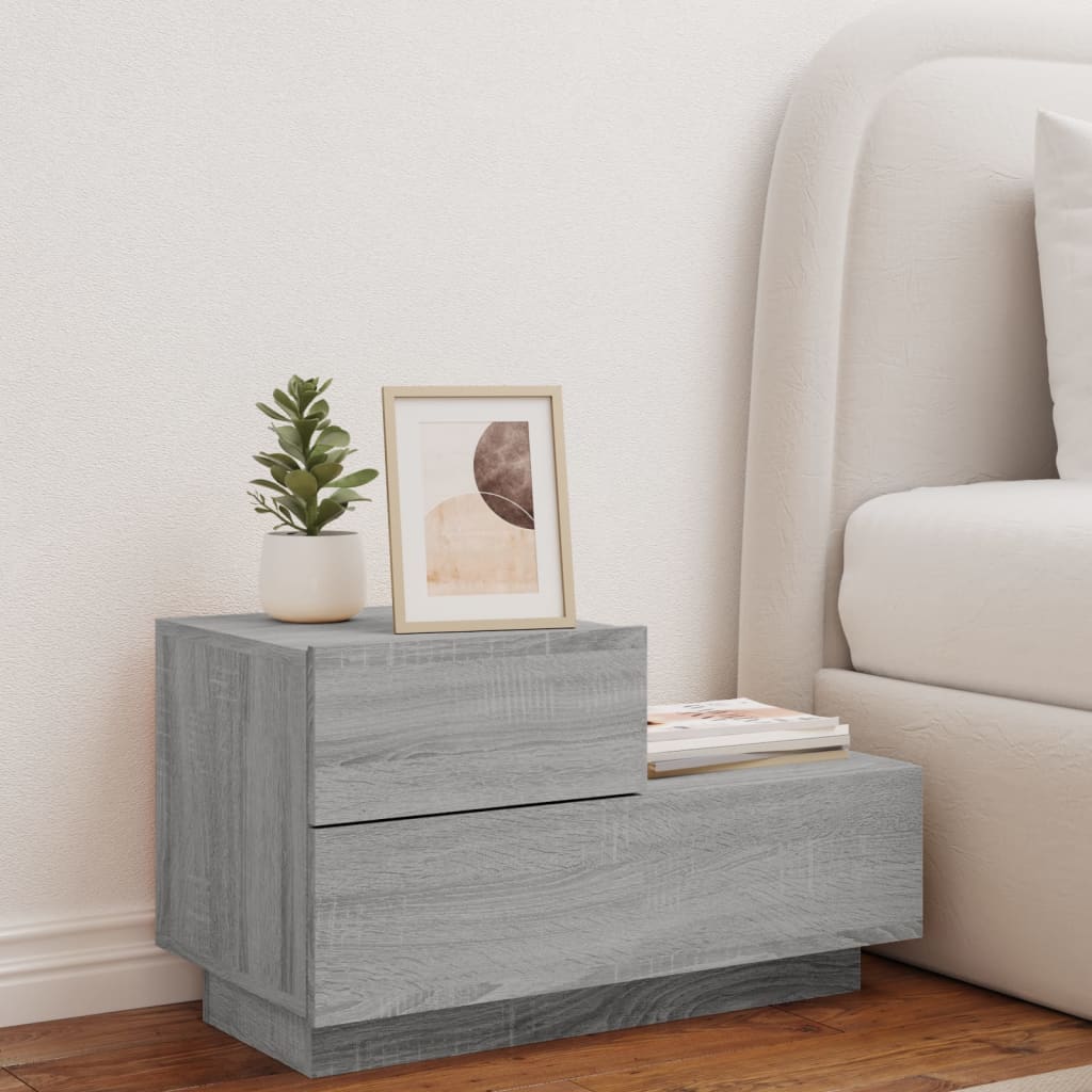sengebord med LED-lys 70x36x40,5 cm grå sonoma-eg