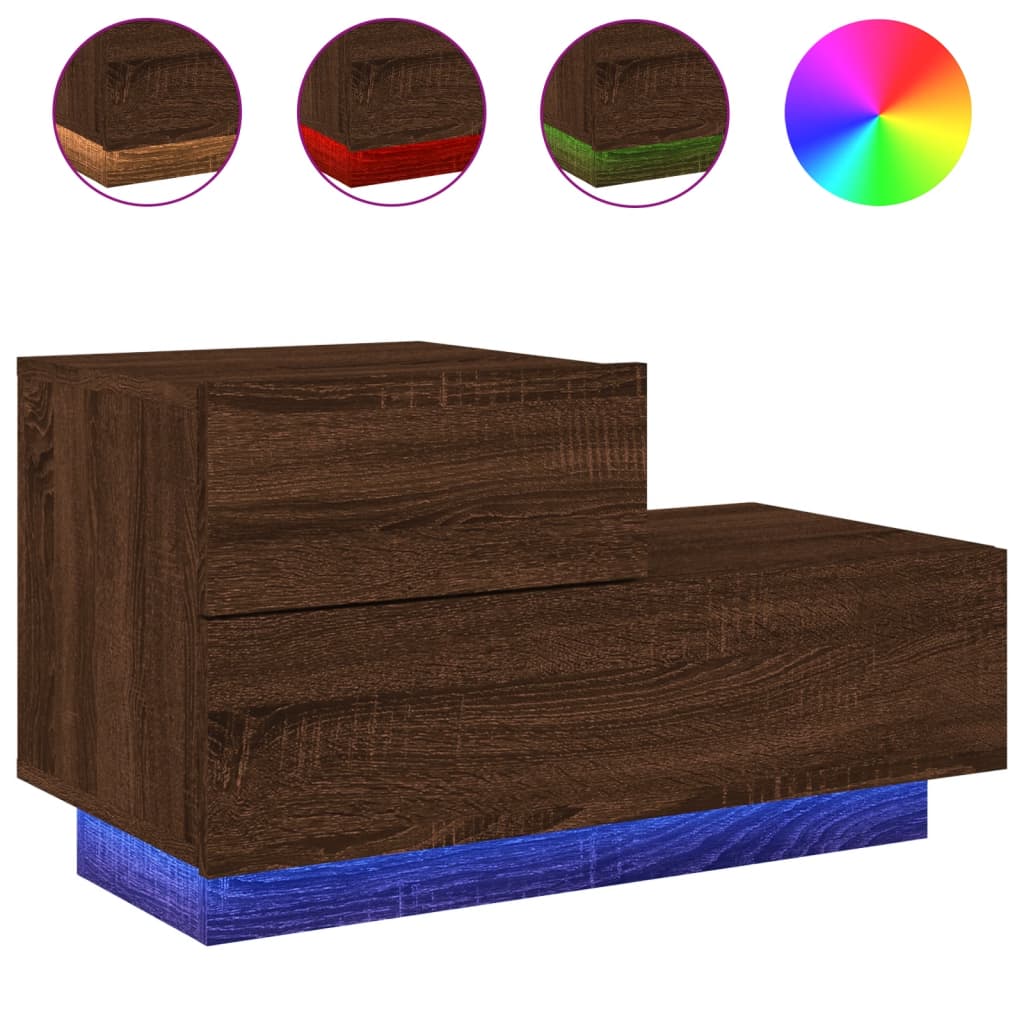 sengebord med LED-lys 70x36x40,5 cm brun egetræsfarve
