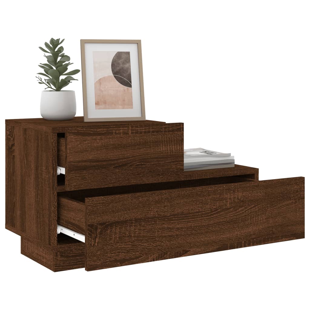 sengebord med LED-lys 70x36x40,5 cm brun egetræsfarve