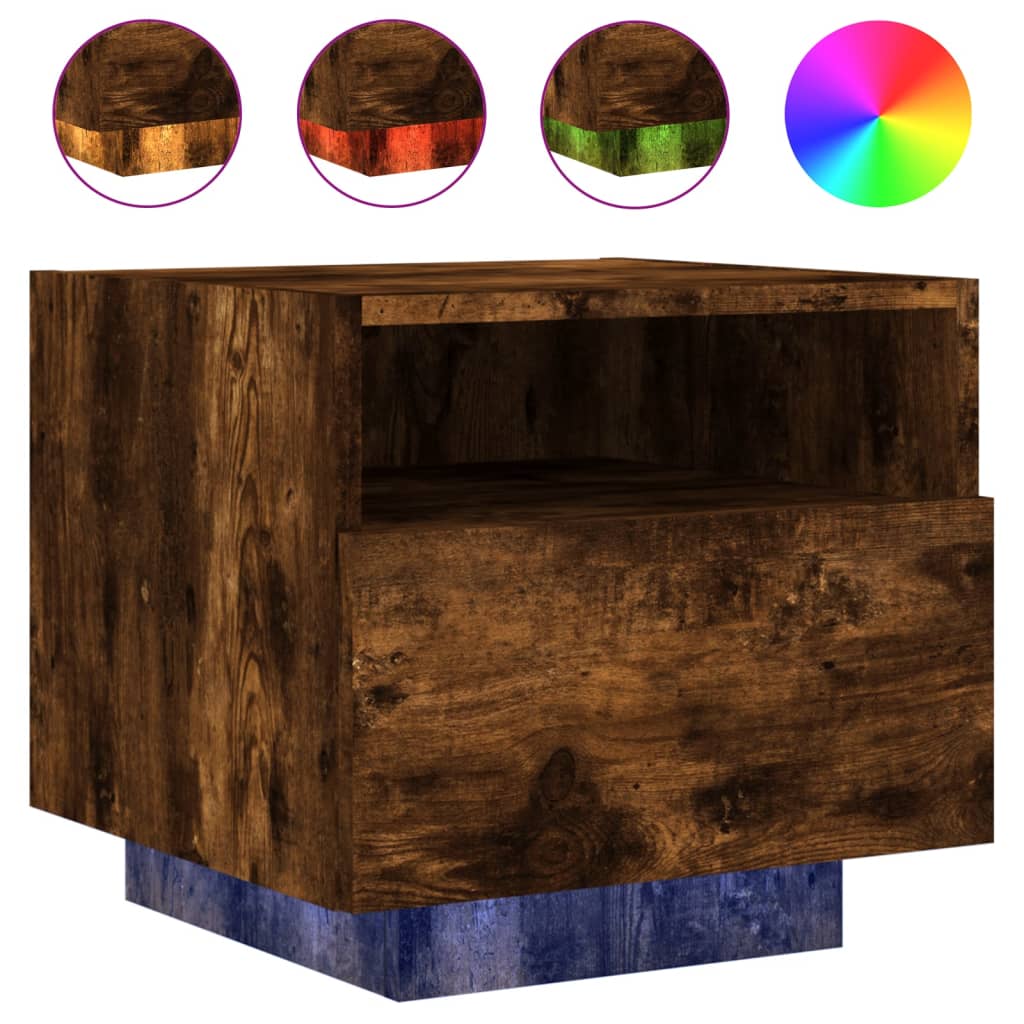 sengebord med LED-lys 40x39x37 cm røget egetræsfarve