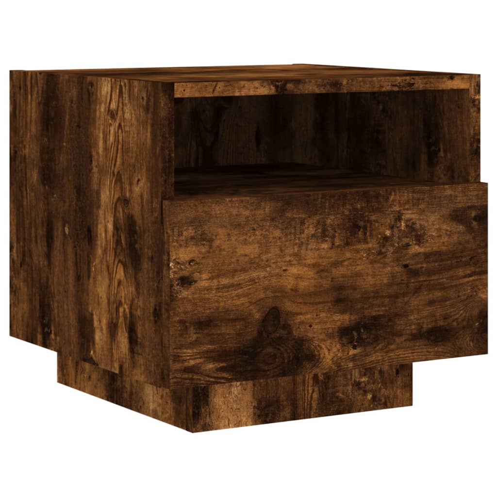 sengebord med LED-lys 40x39x37 cm røget egetræsfarve