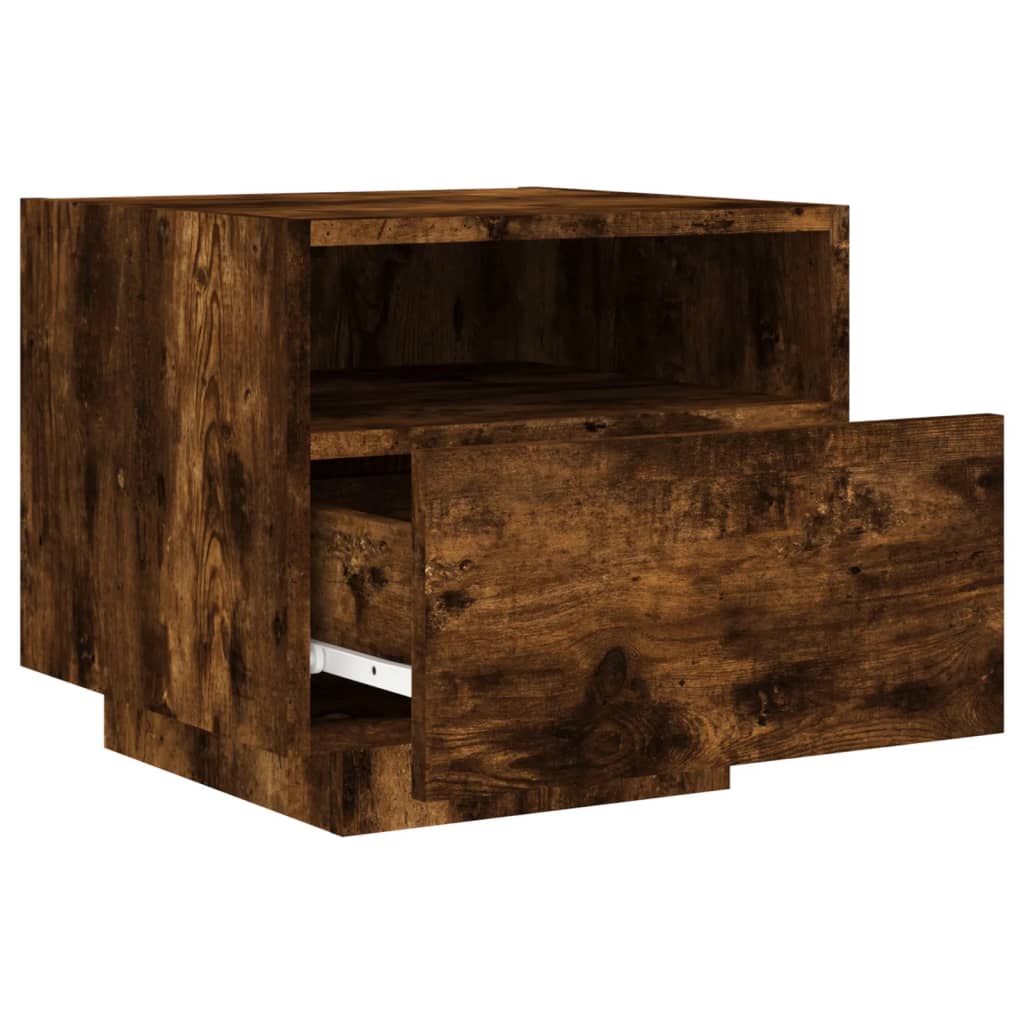 sengebord med LED-lys 40x39x37 cm røget egetræsfarve