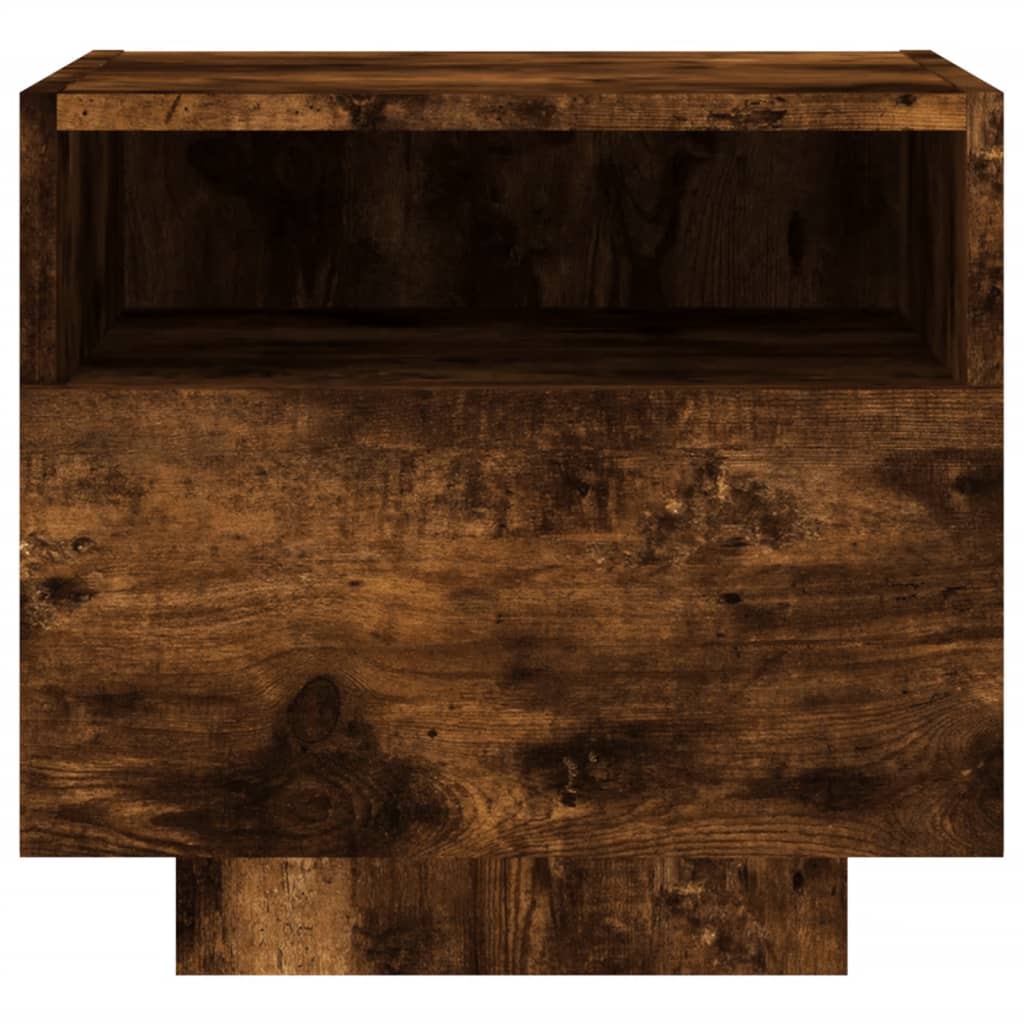 sengebord med LED-lys 40x39x37 cm røget egetræsfarve