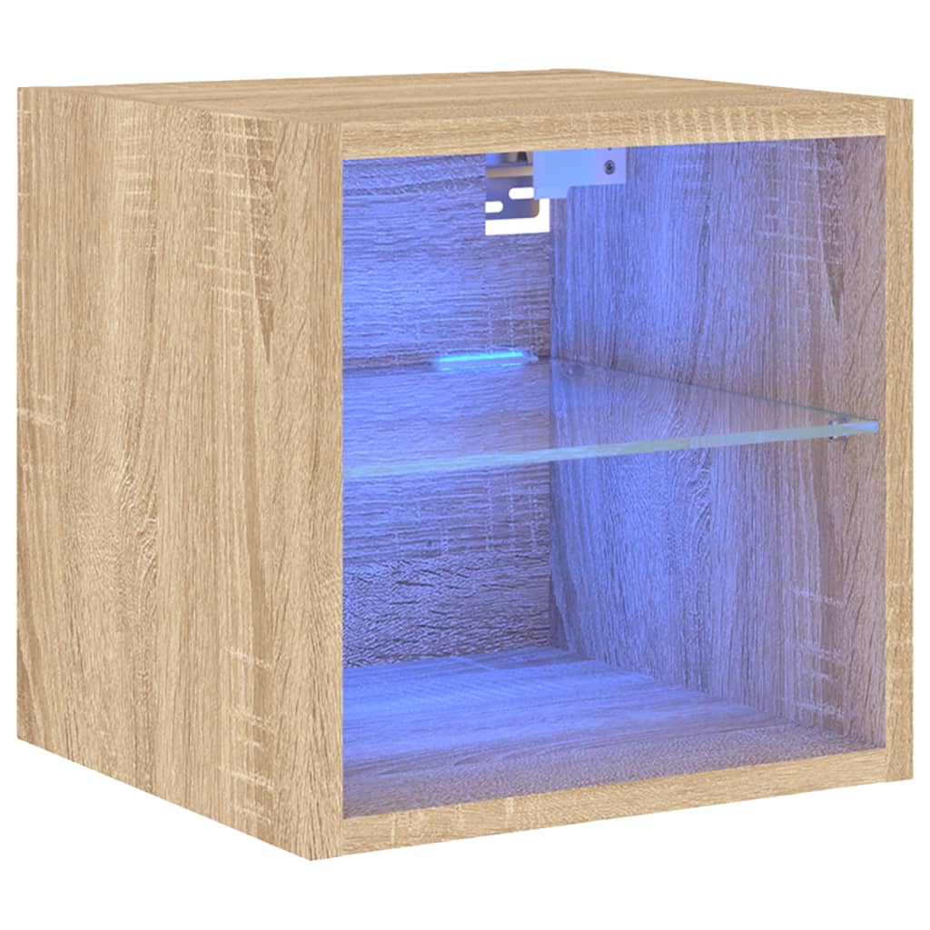 væghængt tv-bord med LED-lys 30x28,5x30 cm sonoma-eg