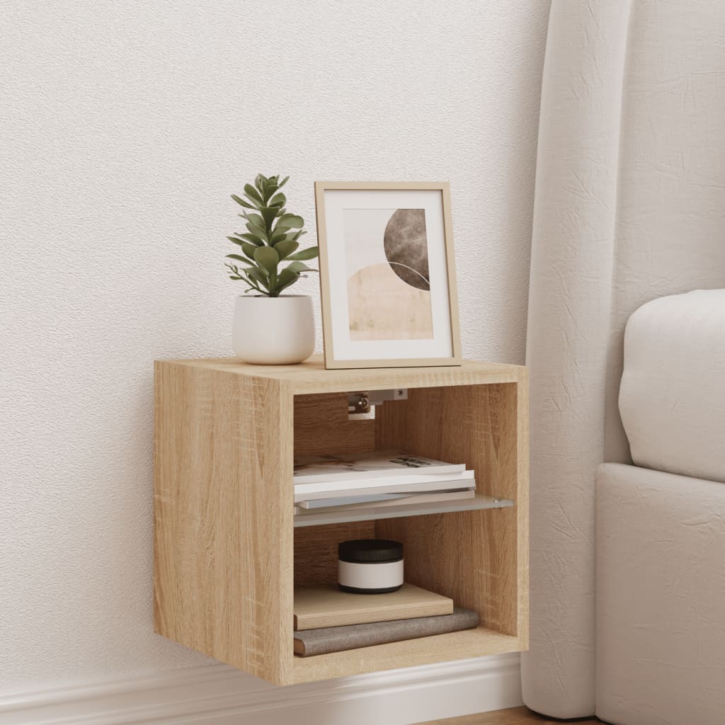 væghængt tv-bord med LED-lys 30x28,5x30 cm sonoma-eg