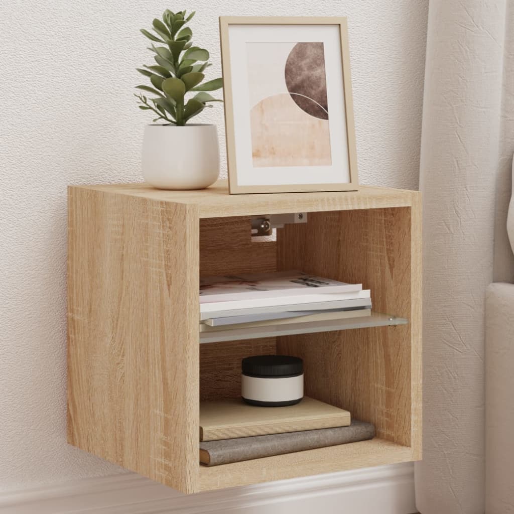 væghængt tv-bord med LED-lys 30x28,5x30 cm sonoma-eg