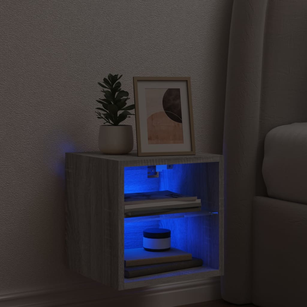 væghængt tv-bord med LED-lys 30x28,5x30 cm grå sonoma-eg