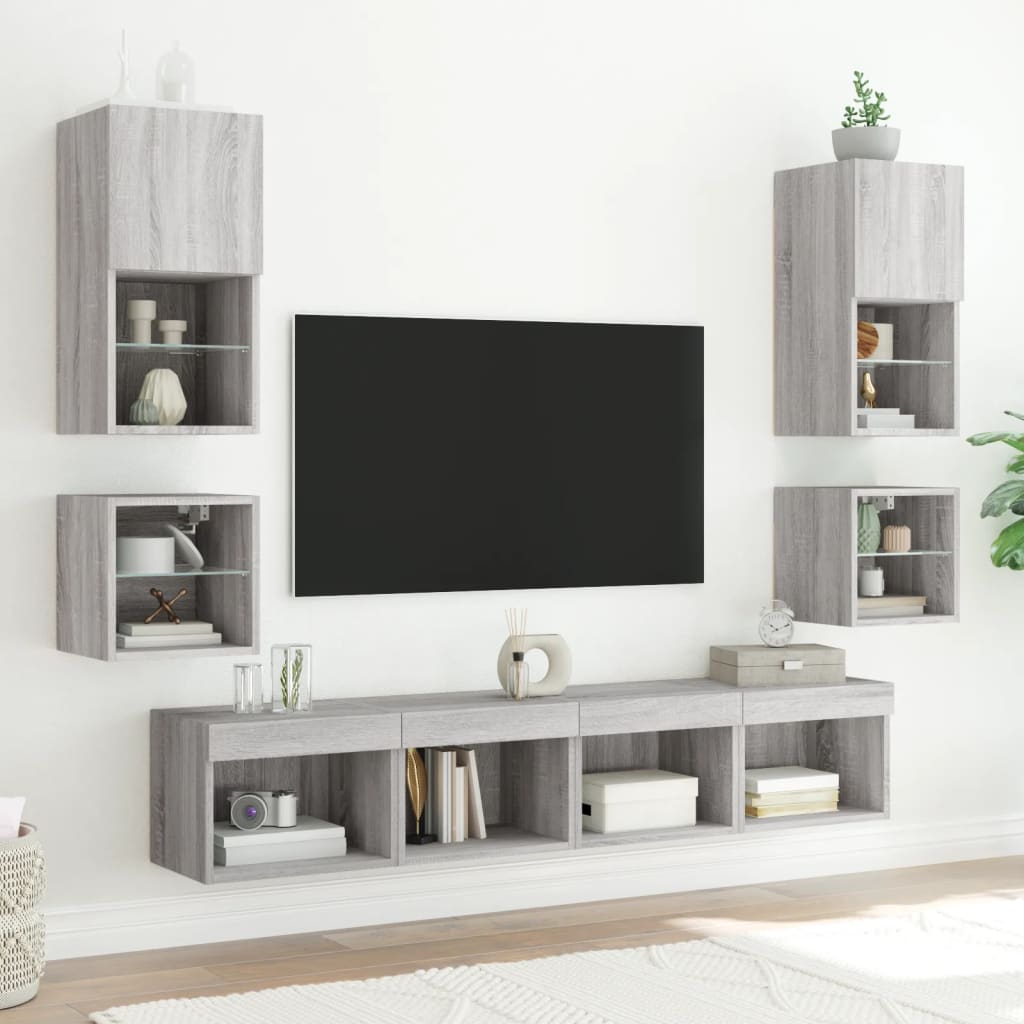 væghængt tv-bord med LED-lys 30x28,5x30 cm grå sonoma-eg