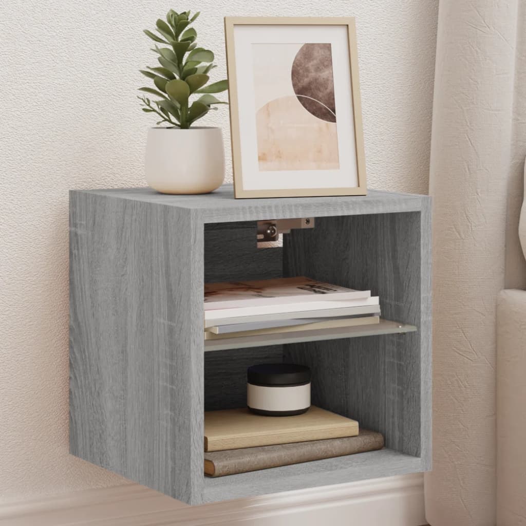 væghængt tv-bord med LED-lys 30x28,5x30 cm grå sonoma-eg