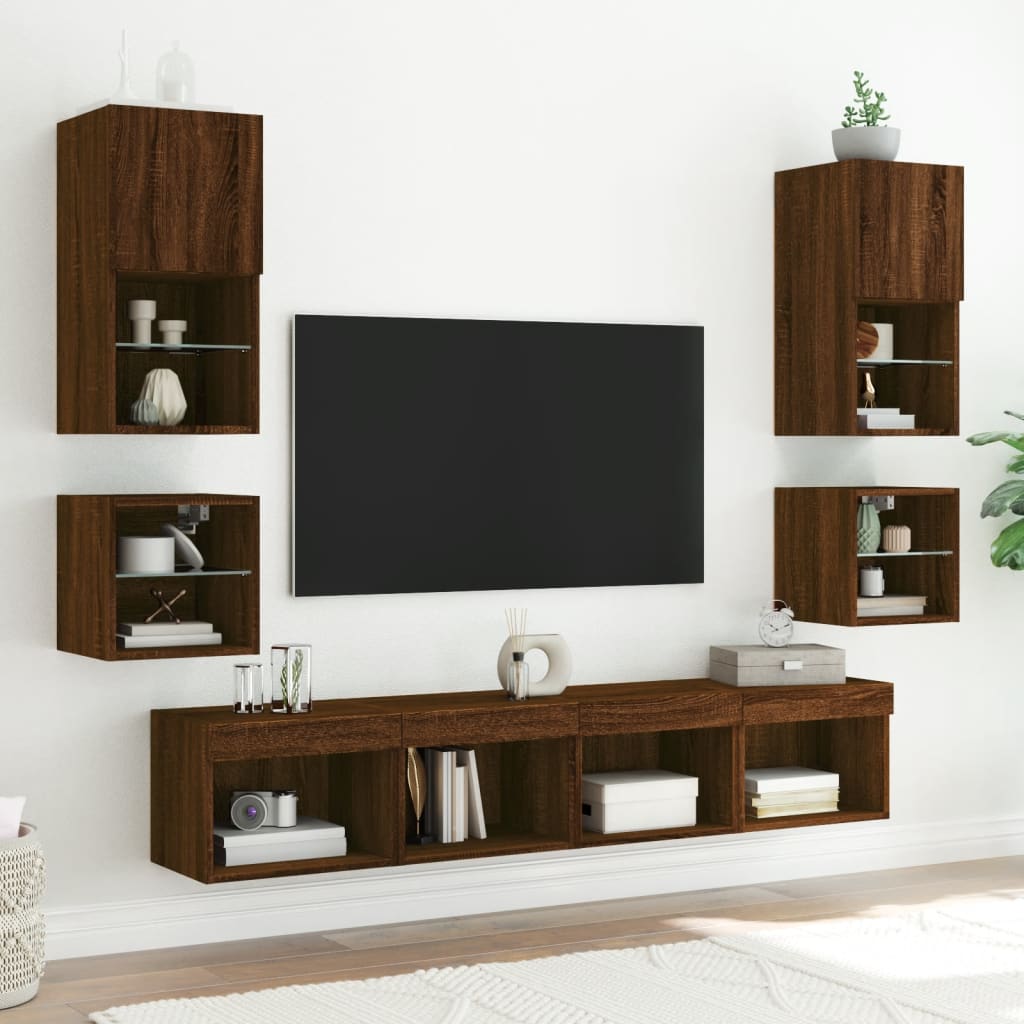 væghængte tv-borde 2 stk. med LED-lys 30x28,5x30 cm brunt eg