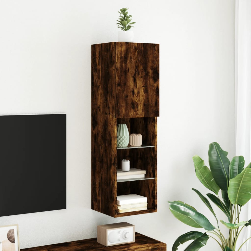 tv-bord med LED-lys 30,5x30x102 cm røget egetræsfarve