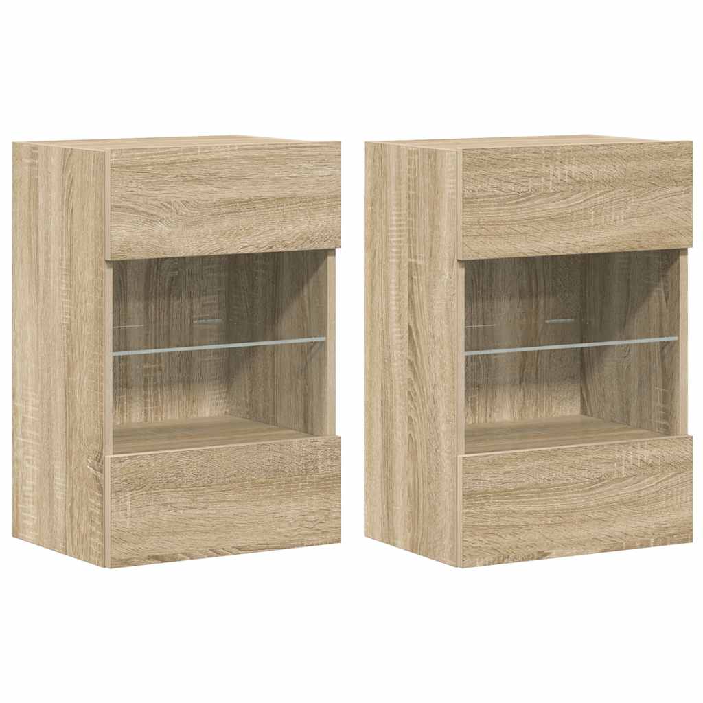væghængte skabe til TV 2 stk. med LED-lys 40x30x60,5 cm sonoma-eg