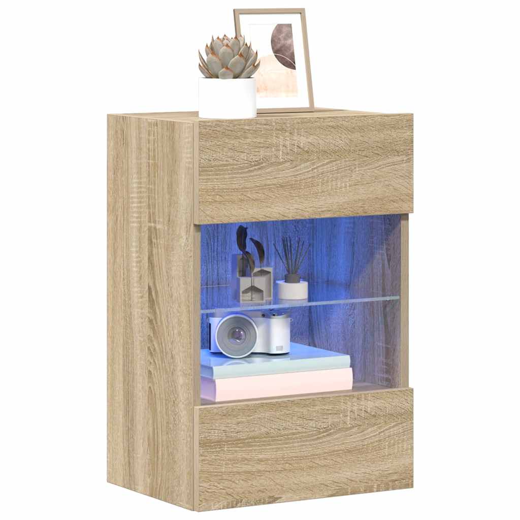 væghængte skabe til TV 2 stk. med LED-lys 40x30x60,5 cm sonoma-eg