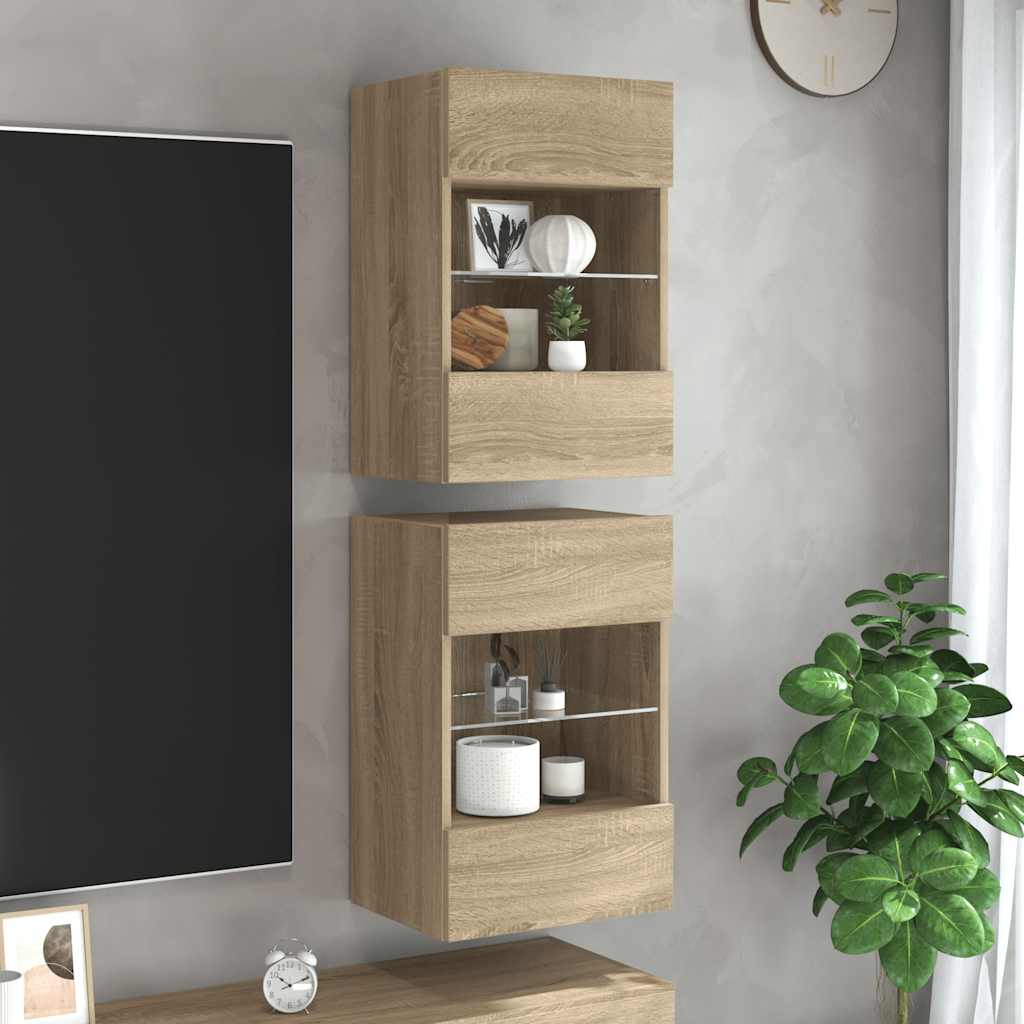 væghængte skabe til TV 2 stk. med LED-lys 40x30x60,5 cm sonoma-eg