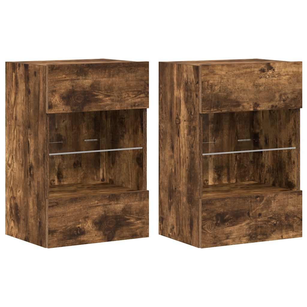 væghængte skabe til TV 2 stk. med LED-lys 40x30x60,5 cm røget eg