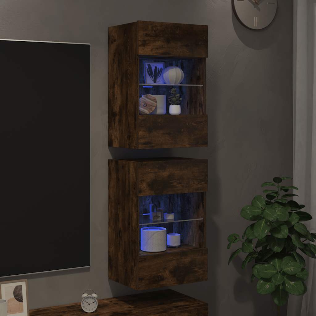 væghængte skabe til TV 2 stk. med LED-lys 40x30x60,5 cm røget eg
